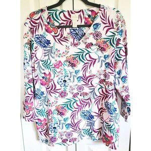 Chico's 3 T-shirt Pink Floral Size XL V-Neck Blouse Tropical Cotton Blend‎
